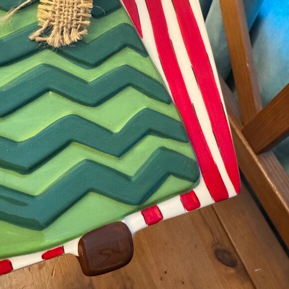 Mud pie Square Christmas tree Dessert plate Burlap Bow New Stripes Holiday RARE - Picture 4 of 10